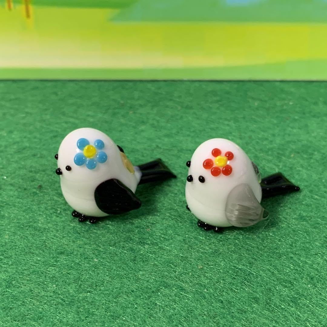 シマエナガとお花　ガラス細工　ミニチュア biburo_t-936