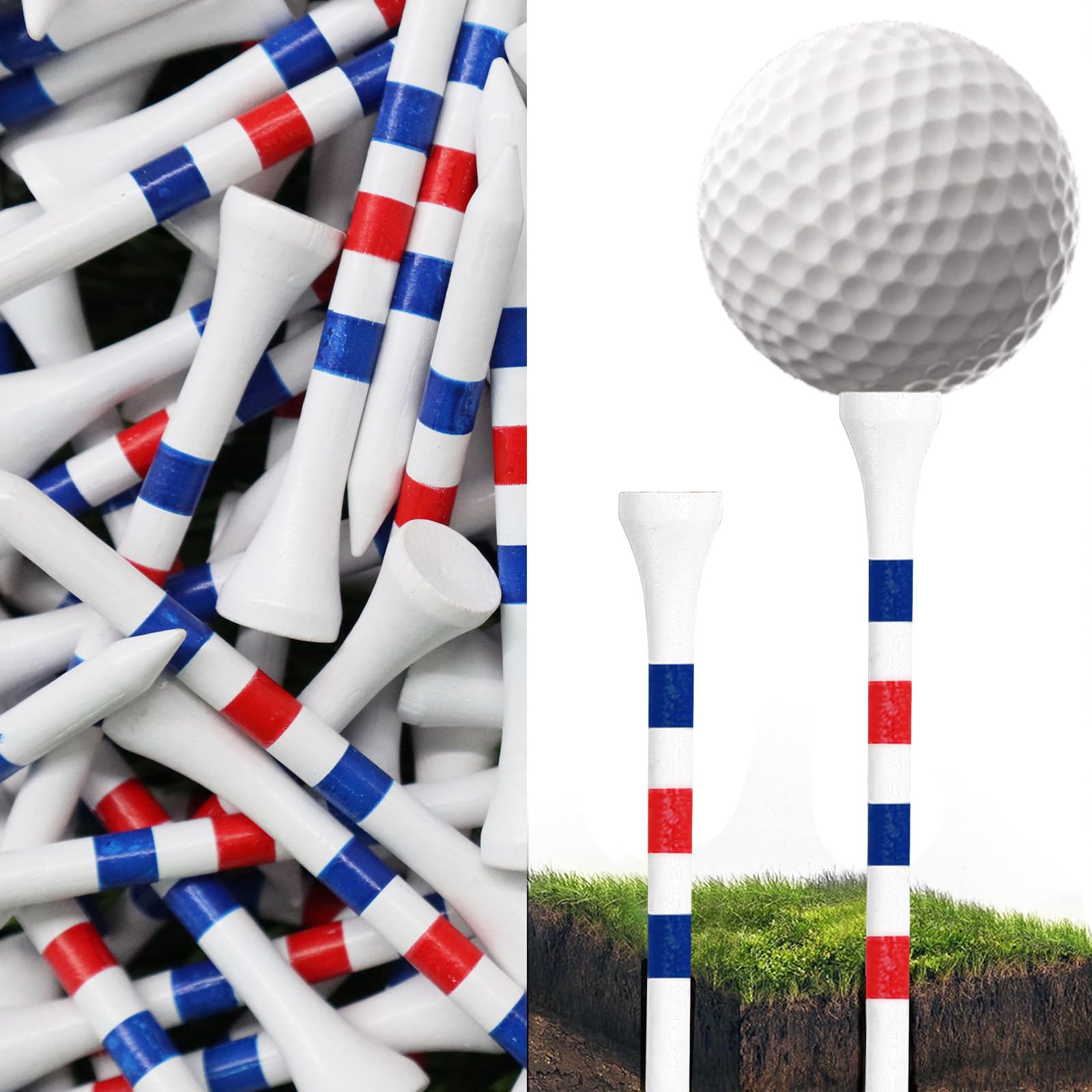 AMRTA Golf Tees Wood 2 3/4 3 1/4 Inch Value 500 Pack(250 Each Size), Bright White with Two Stylish Striped Design for Consistent Height, Reliable Hold Ball Well for Men Women Golfer (Blue+Red)