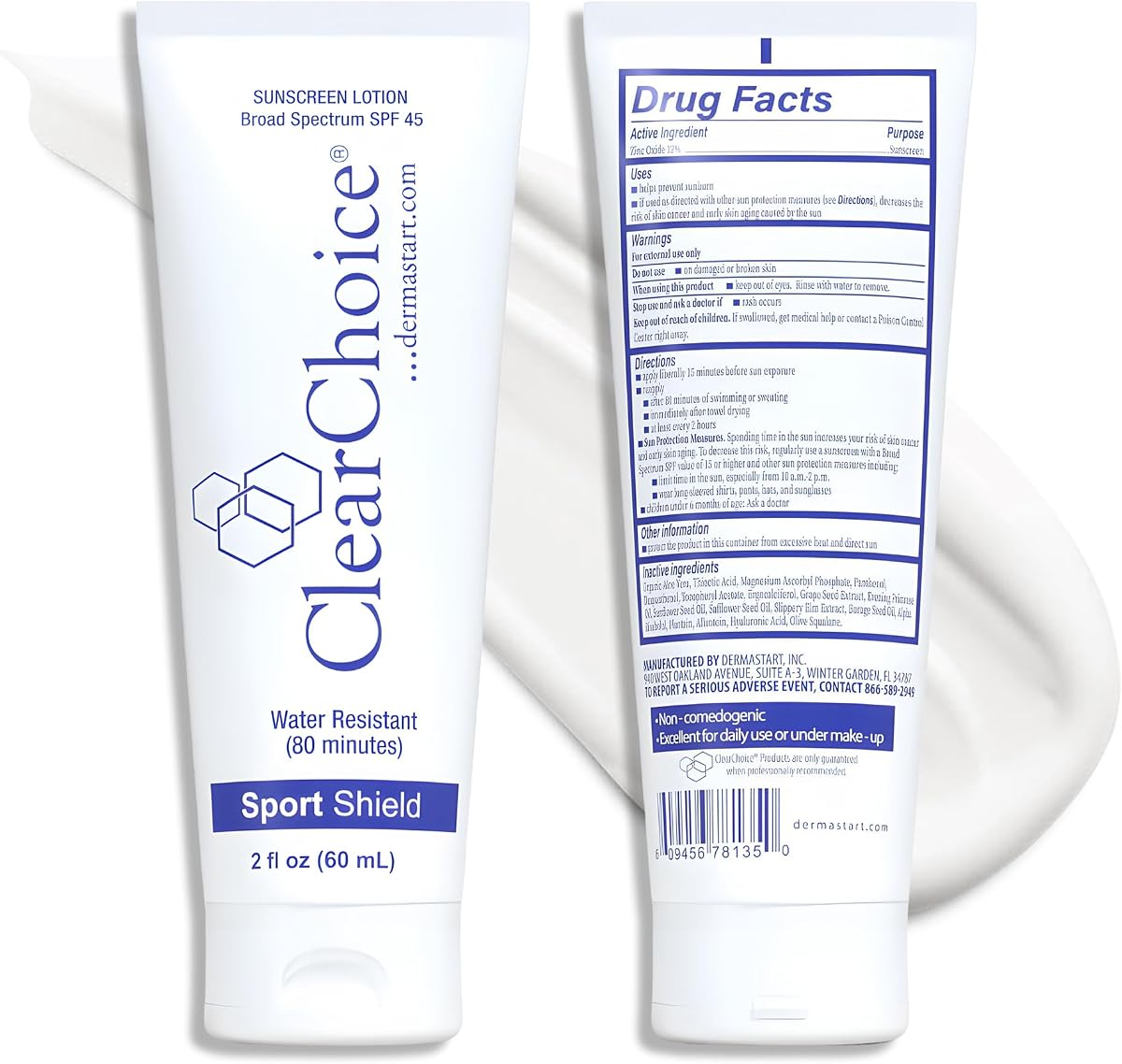 ClearChoice Sport Shield SPF 45 Travel Size – Mineral Sunscreen & Moisturizer for Face | Zinc Oxide, No White Cast, Water Resistant 80 Min | Non-Comedogenic | Dermatologist Recommended | 2 oz / 60 ml