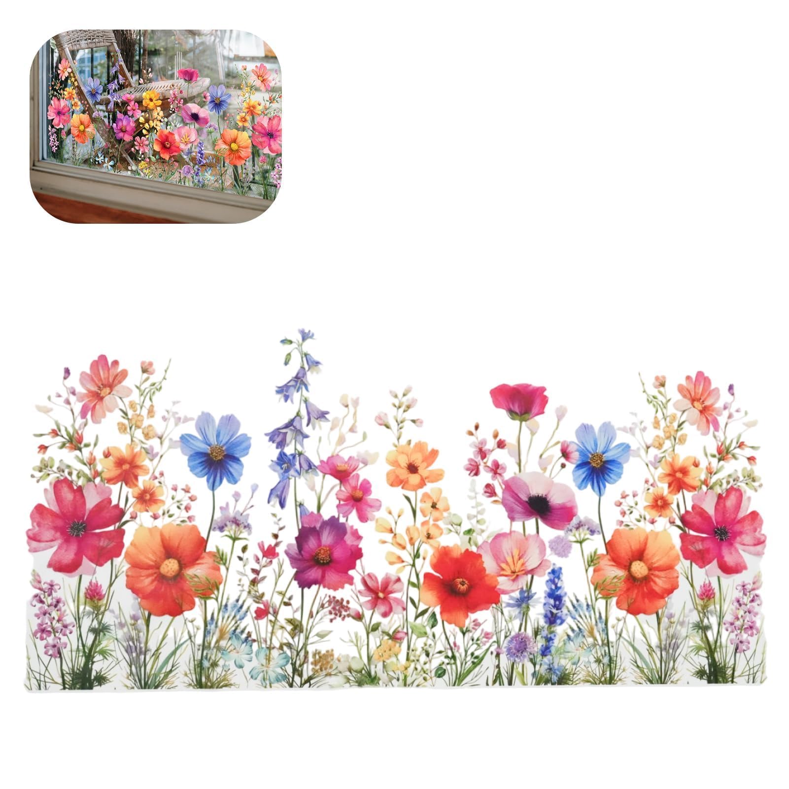 Stickers fenêtre FLEURS en VASES multicolore (30x60 cm) I Stickers vitres décoratifs fleurs papillon printemps été | Autocollants Réutilisables pour Salon, Chambre, Cuisine