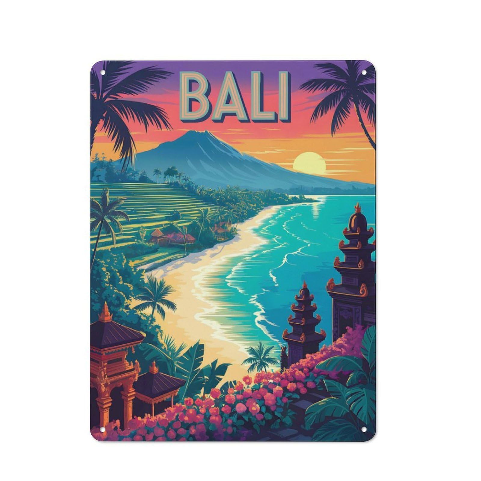 Junmoney Style-22 40X30cm Rustic Metal Wall Sign With Bali Travel (2) For Living Room Wall, Metal Sign Decor For Living Rooms And Feature Walls