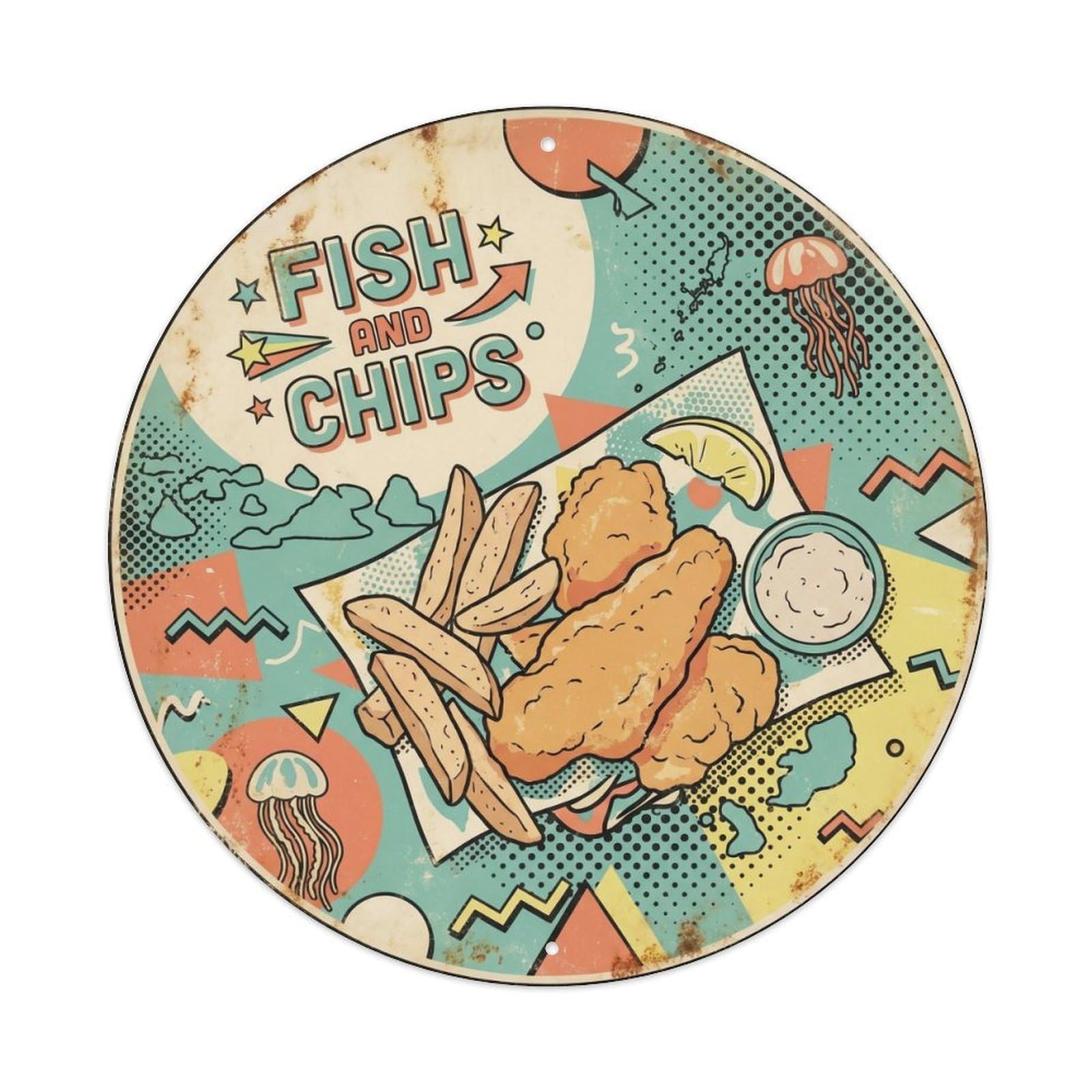 Palau Seafood Chips Retro Memphis Seaside Food Metal Tin Sign