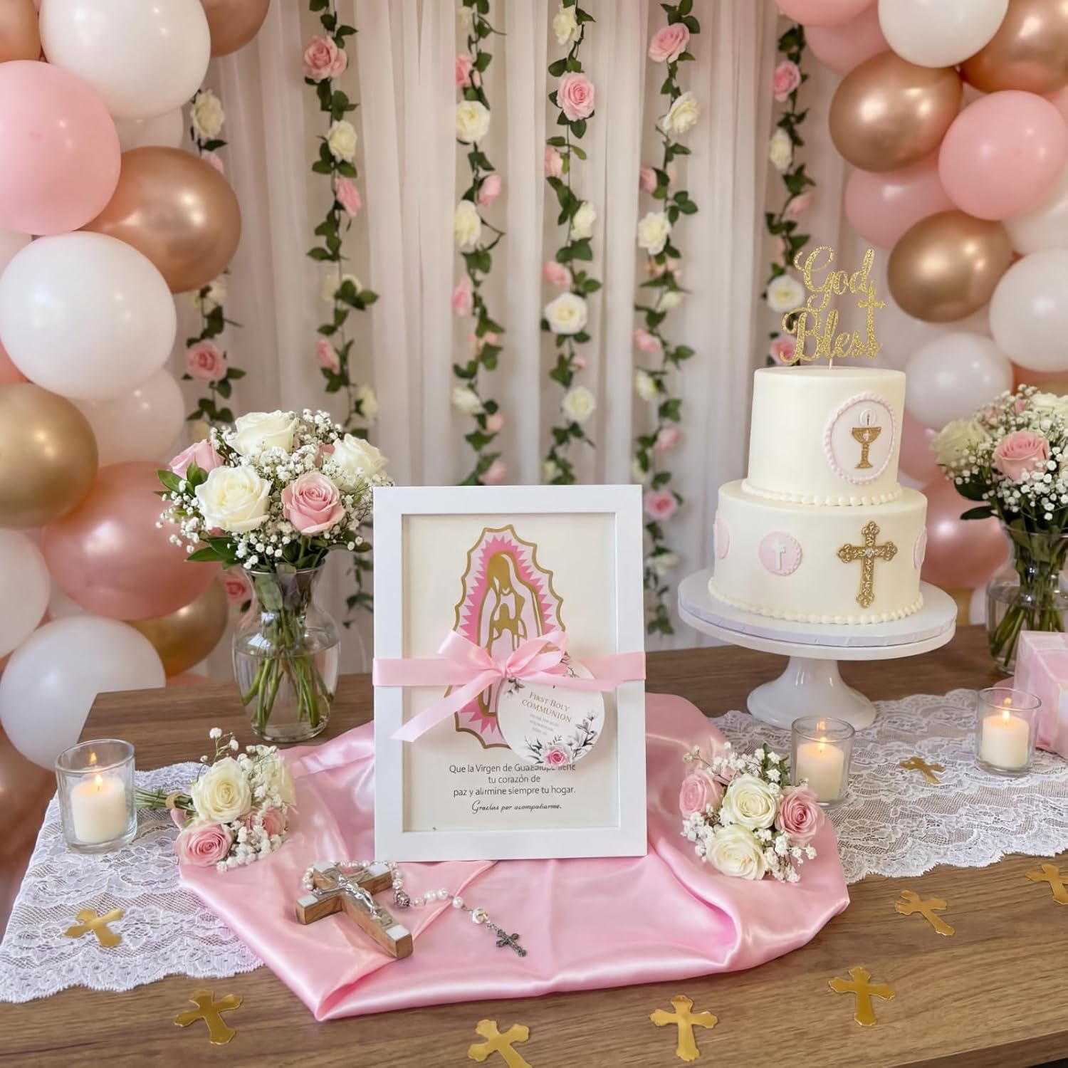 12 Pcs Baptism Favors Our Lady of Guadalupe Frame, Girls First Communion Gifts Recuerdos De Bautizo Photo Frame Pink Bautizo Centerpieces, Catholic Religious Keepsake Niña Primera Comunion Souvenirs