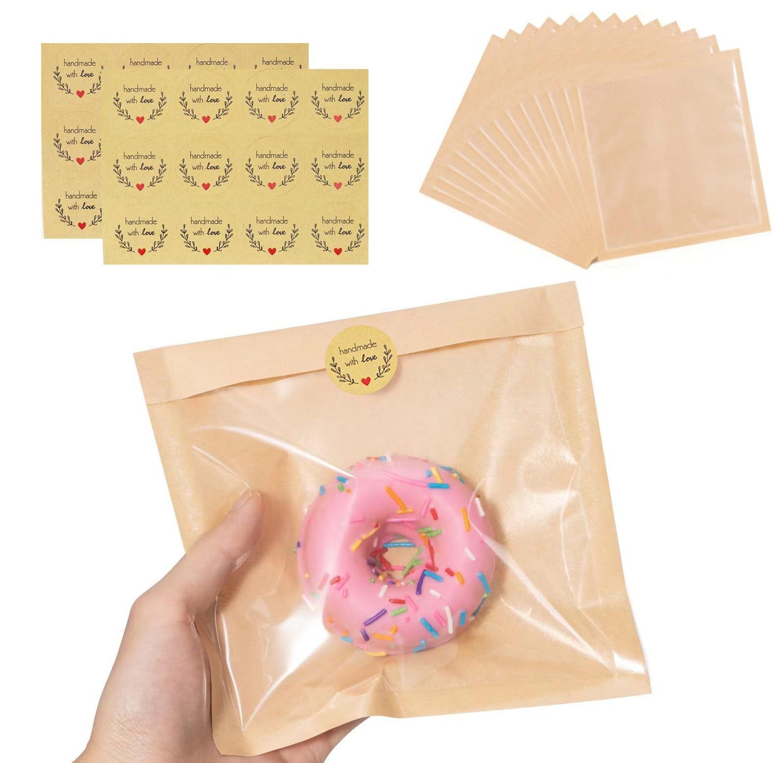 Generic Bakery Bags with Window, 7.5x7.9 Inch, 100 Pack - Grease Resistant, Heat-Sealable Kraft Paper Food Bags for Cookies, Donuts, Sandwiches - Brown with Seal Stickers