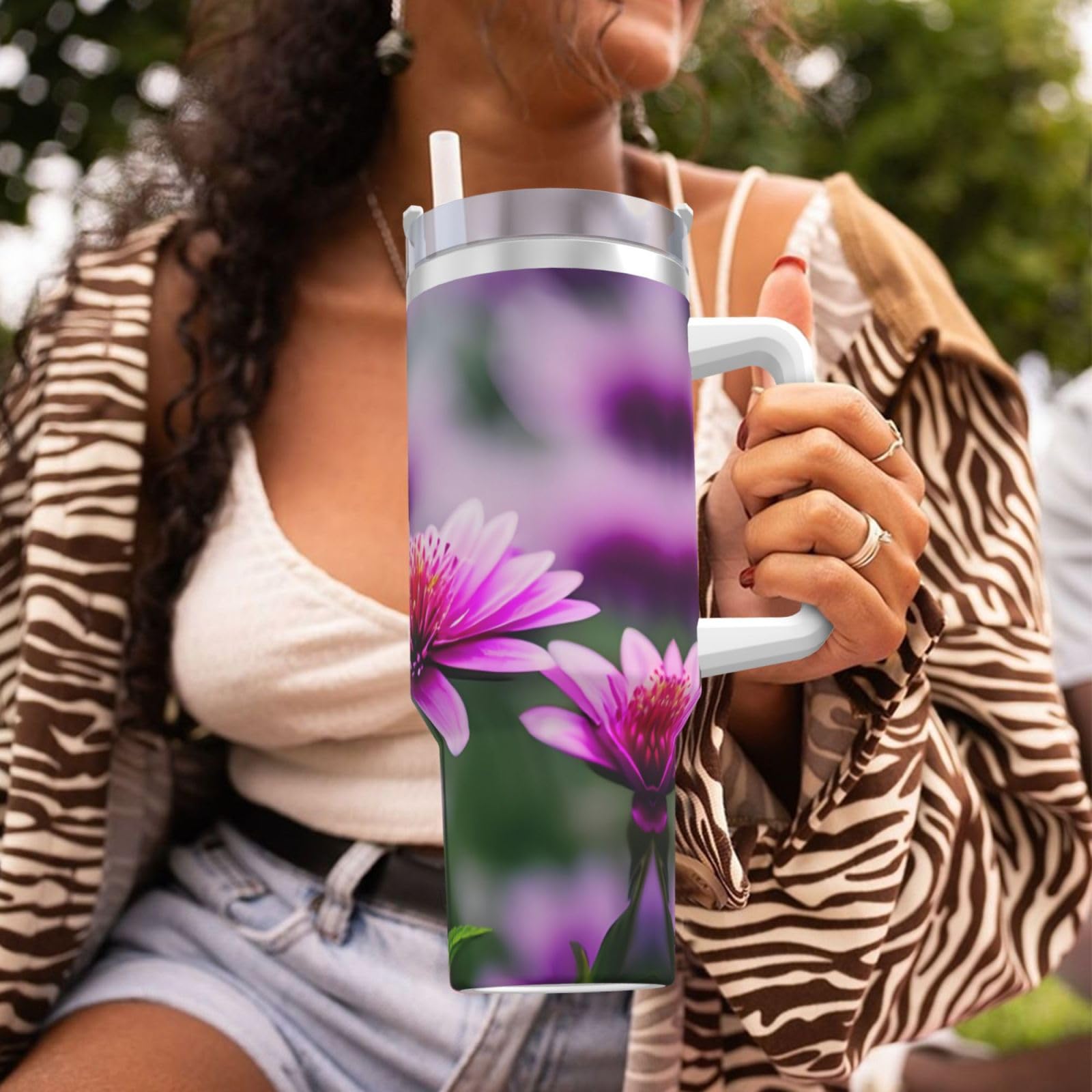 Trinkflasche aus Edelstahl, doppelwandig, isoliert, mit Griff und Strohhalm-Deckel, 1,2 l, Pink Flower Purple Butterfly 1