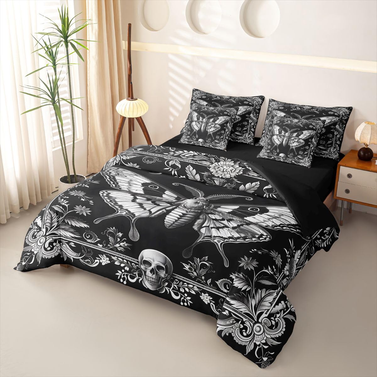 Loussiesd Juego de funda de edredón para cama individual de 7 piezas, color gris y negro, con sábanas, para niños, niñas, polilla de la muerte, cama en una bolsa, decoración de habitación, microfibra