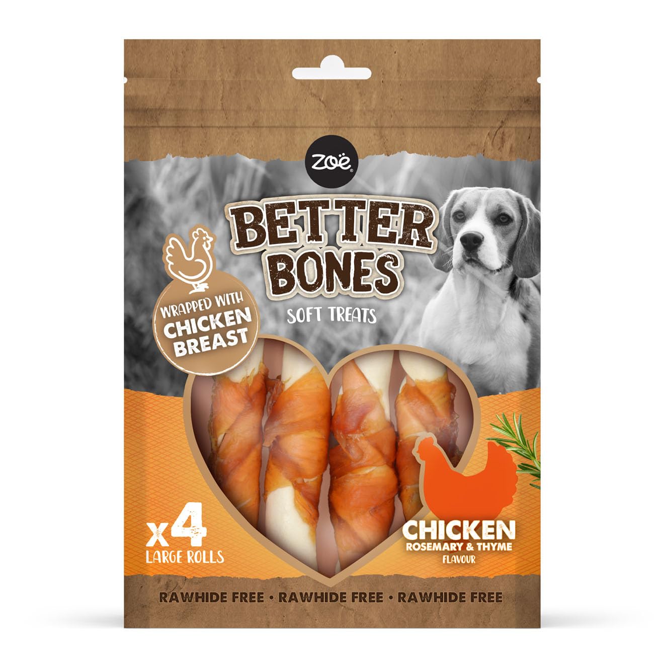 ZoÃ« Better Bones Soft Dog Treat Chews, Pouch of Rawhide-Free, Dog Training Large Rolls Wrapped with Chicken Breast - Chicken Flavour, 1 Bag of 4 pcs