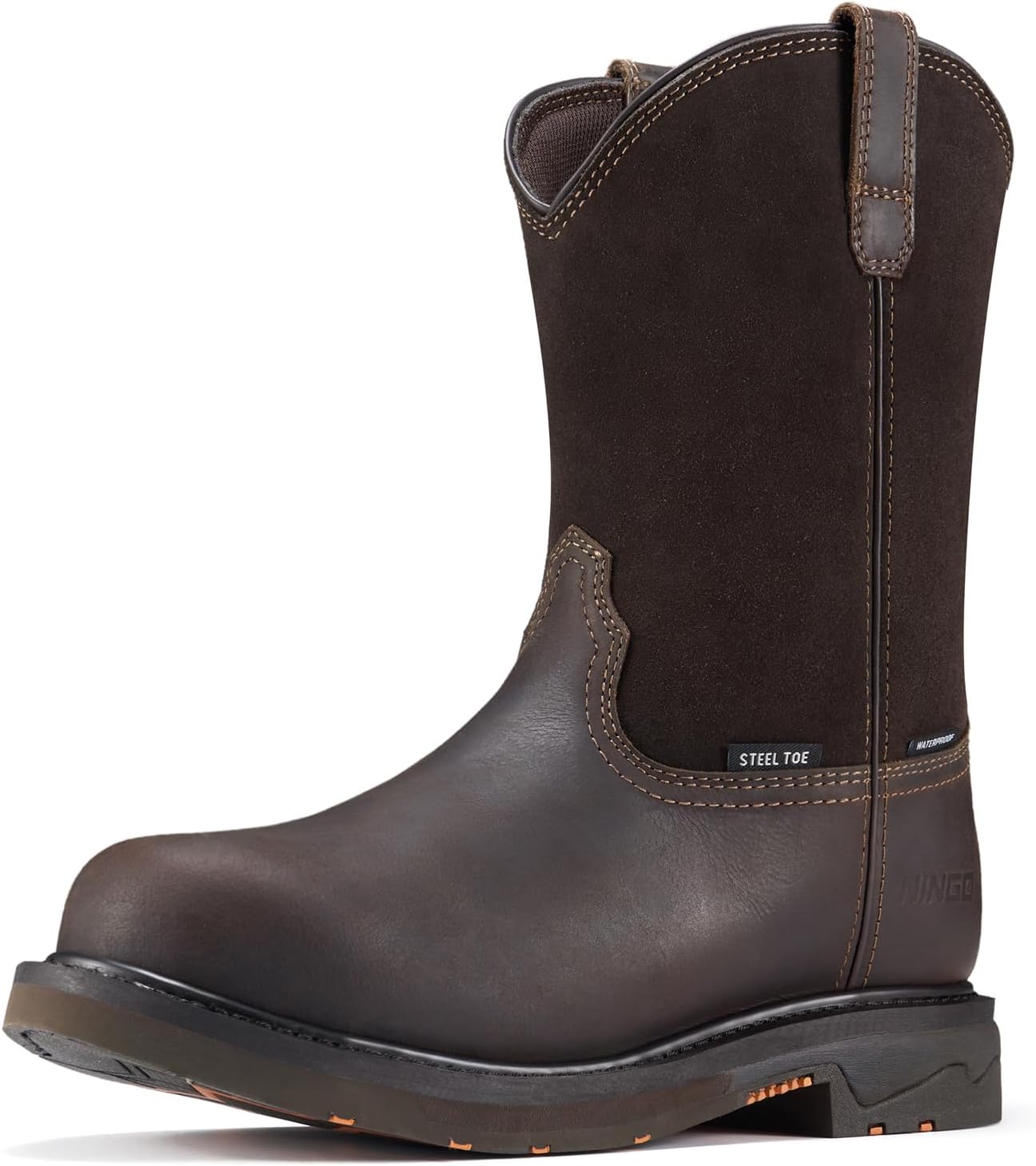 NINGO Men's Steel Toe Work Boots, Waterproof Wellington Boots with Full Grain Leather, Pull-On Design Non Slip Work Shoes, EH Protection for Industrial, Agriculture