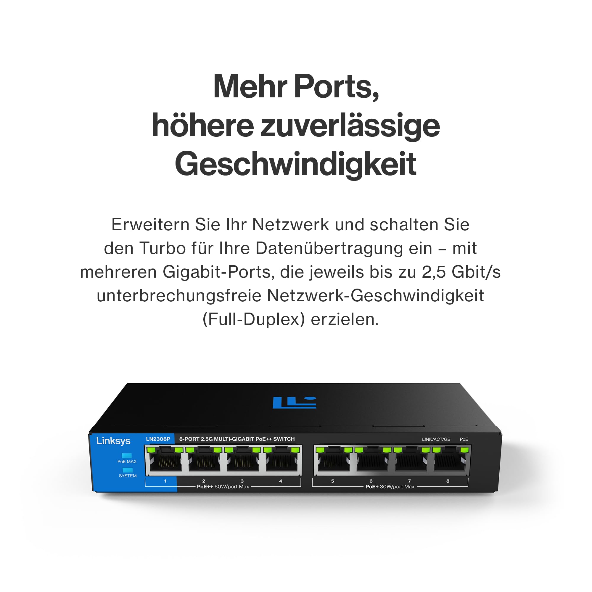 Linksys 8-Port, 2,5 G Multi-Gig Unmanaged PoE++-Switch | Energieeffizientes Ethernet | Full-Duplex-Flusskontrolle | Für WiFi 6/6E/7 Access Points & IP-Kameras | Metallgehäuse | PoE-Leistung von 180 W