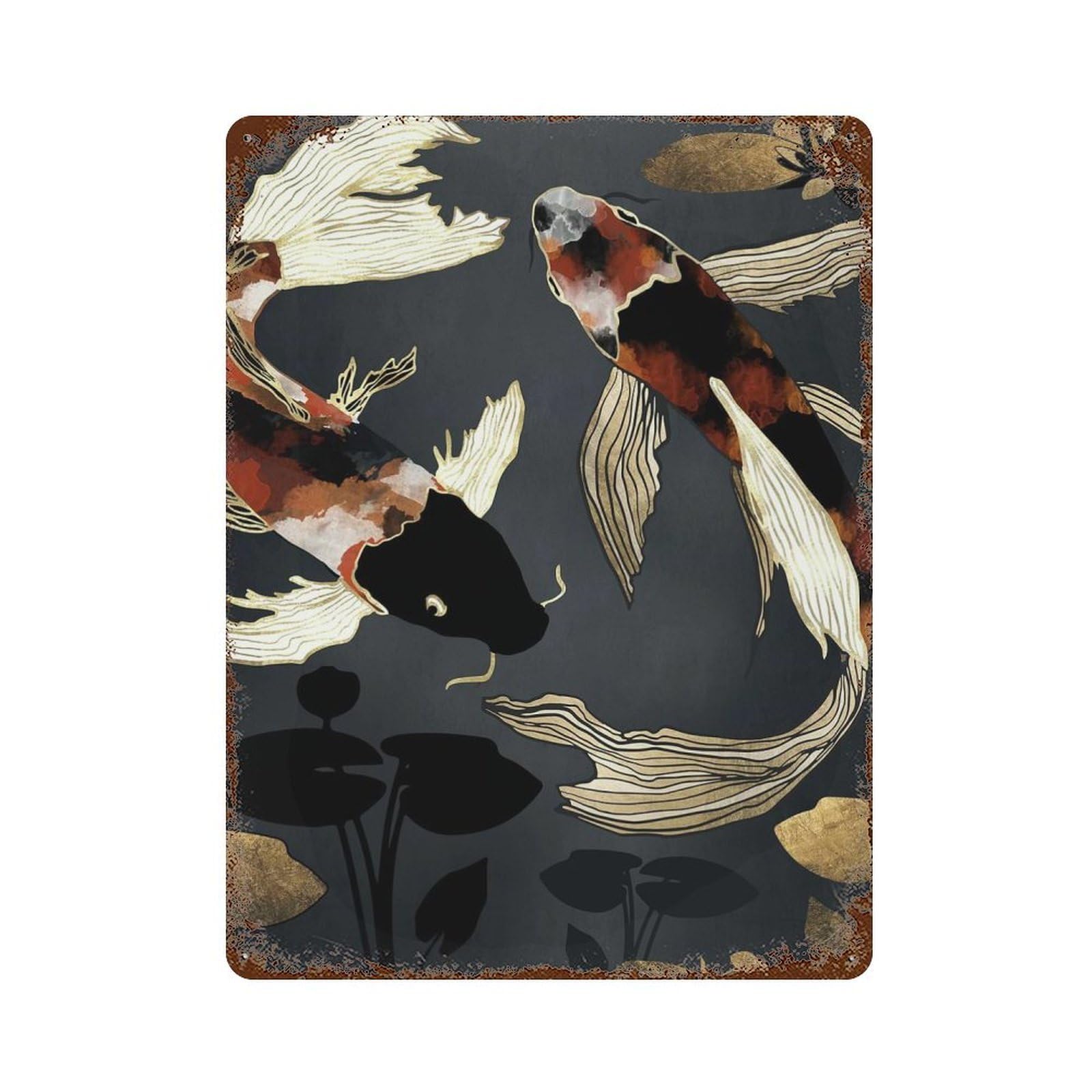 Metallic Koi IV Distressed Metal Wall Sign 15.7"x11.8", Rustic Home Decor for Living Room, Hallway And Home Decor