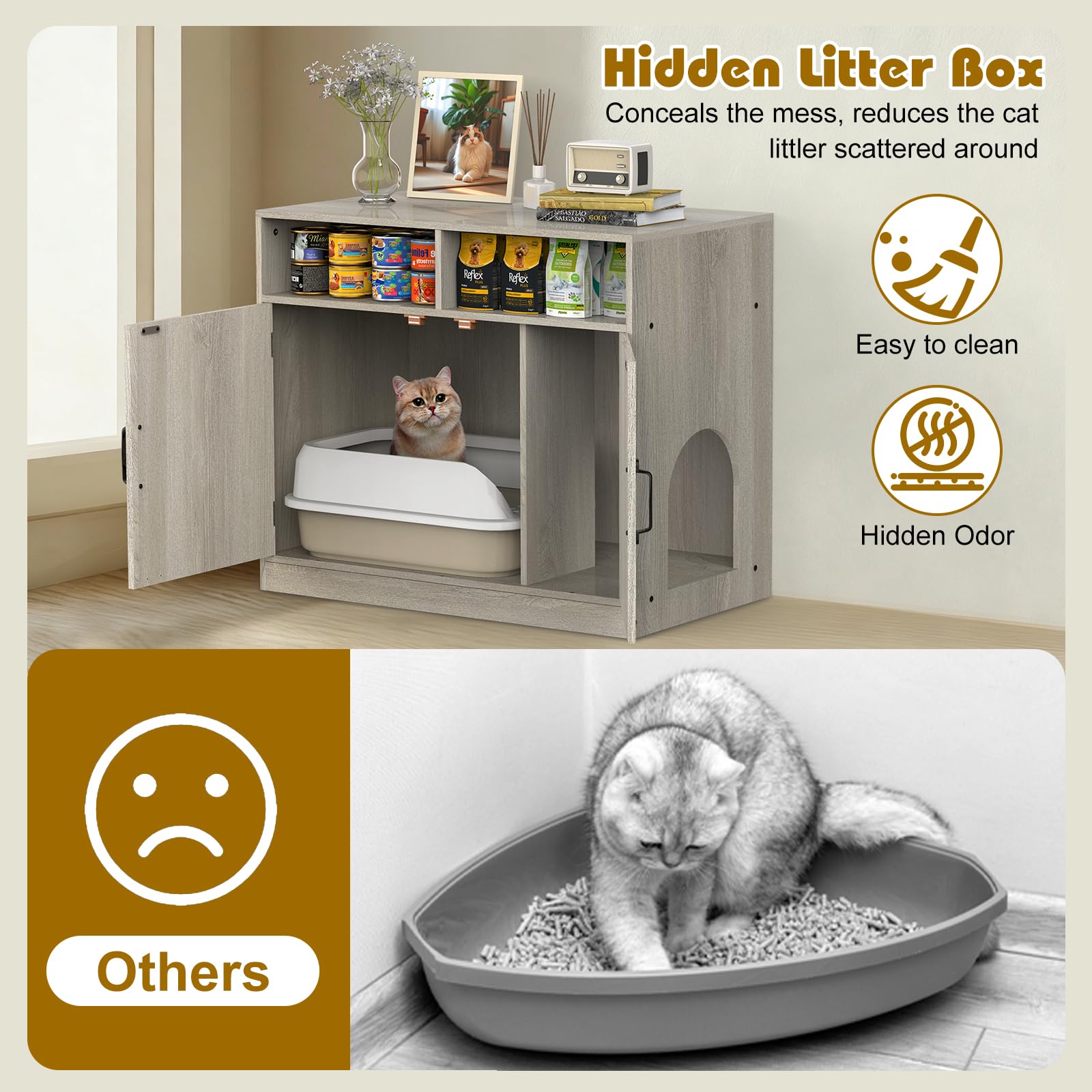 Hidden Litter Box Furniture Ultra-Large Wooden Enclosed Litter Box Furniture,2-Door Storage Cabinet, 2 Open Drawers, 1 Air Vents,Cat Litter Furniture Fit Most of Litter Box.(Gray, No Drawers) - image 5
