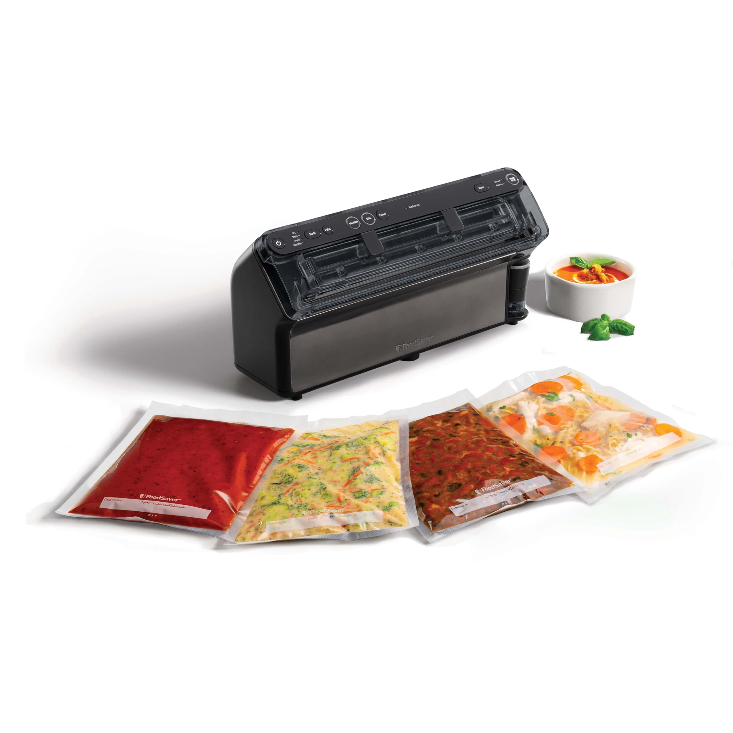 FoodSaver Zgrzewarka Elite All-In-One Liquid - świeża żywność do 5x dłuższa - płynne uszczelnienie - z 1 rolką (28 cm x 2,43 m) i 4 x próżniowe worki uszczelniające (0,94 l i 3,78 l) [VS5910X]