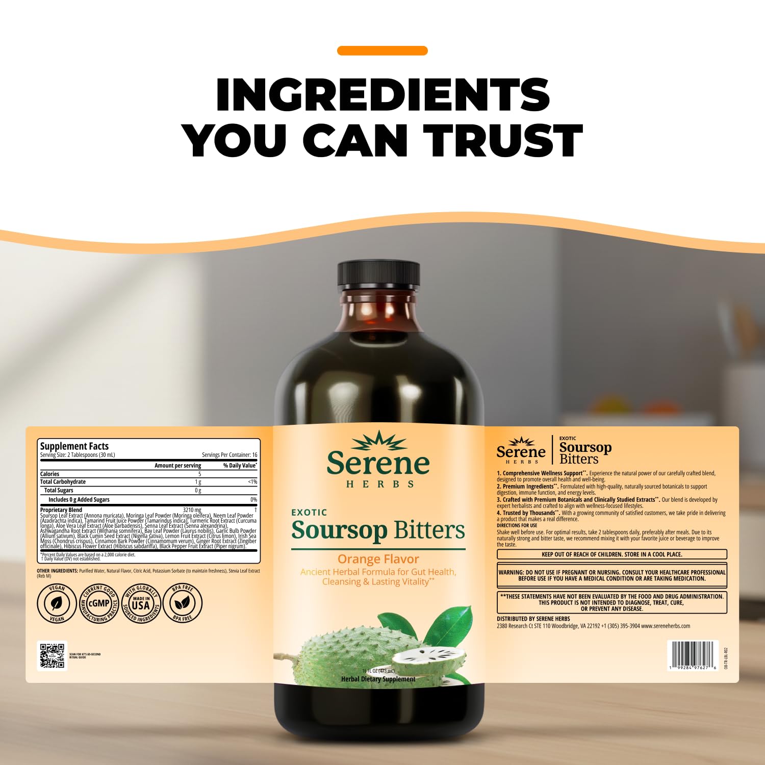Serene Herbs Soursop Bitters Liquid – Organic Herbal Sour SOP Guanabana with Black Seed, Moringa, Irish Moss & Ginger – Gut Support, Energy & Immune Boost – Vegan, Non-GMO – Orange Flavor – 16 oz — Amazon image 9