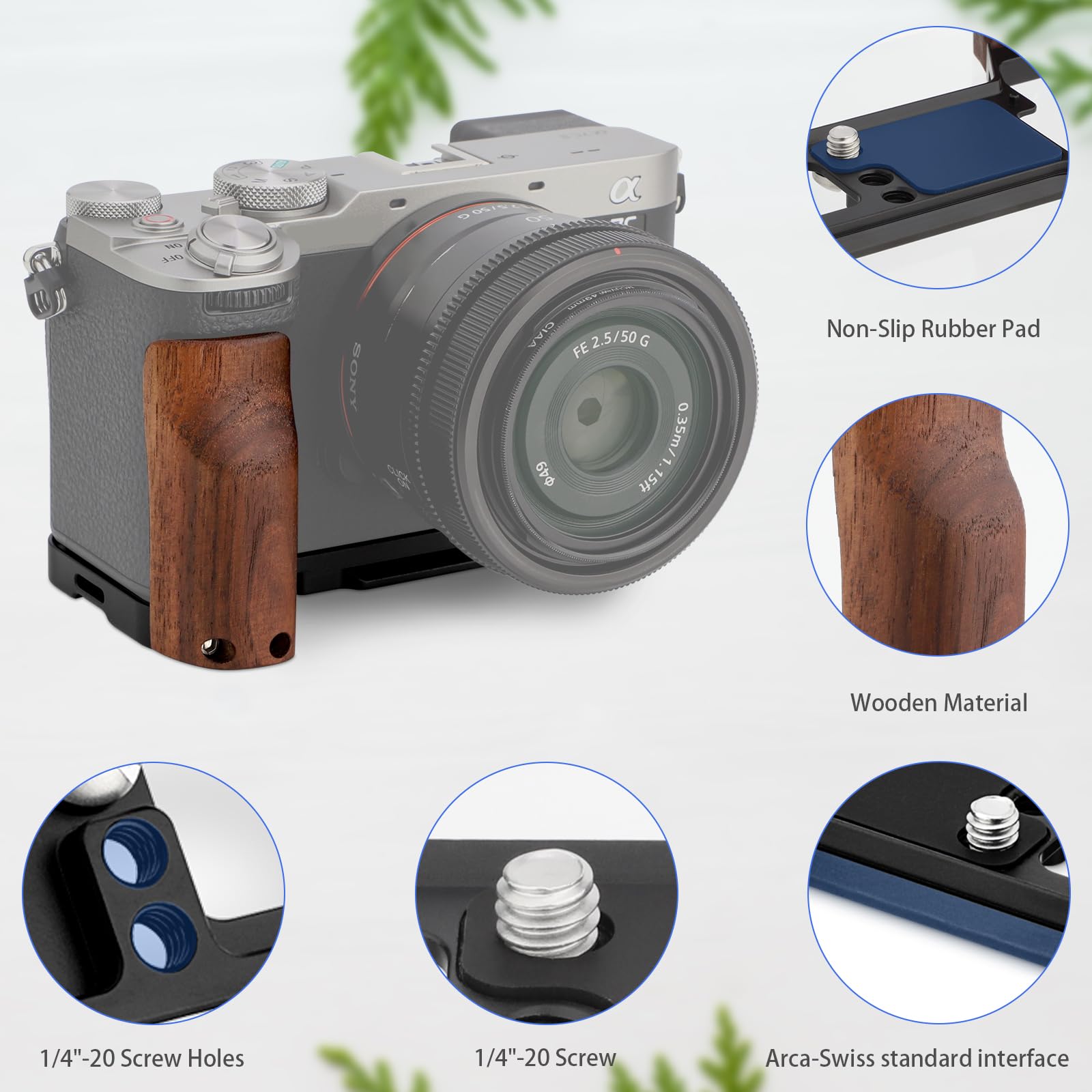 LEFTFOTO A7CR Support en forme de L avec poignée en bois pour appareil photo Sony A7CR/A7C2, avec plaque de dégagement rapide Arca inférieure intégrée, poignée latérale ergonomique rétro pour une