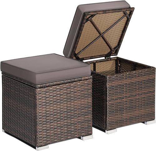 RELAX4LIFE 2 piezas otomanas de ratán para exteriores, reposapiés de mimbre para patio con espacio de almacenamiento, cojines extraíbles, mesas