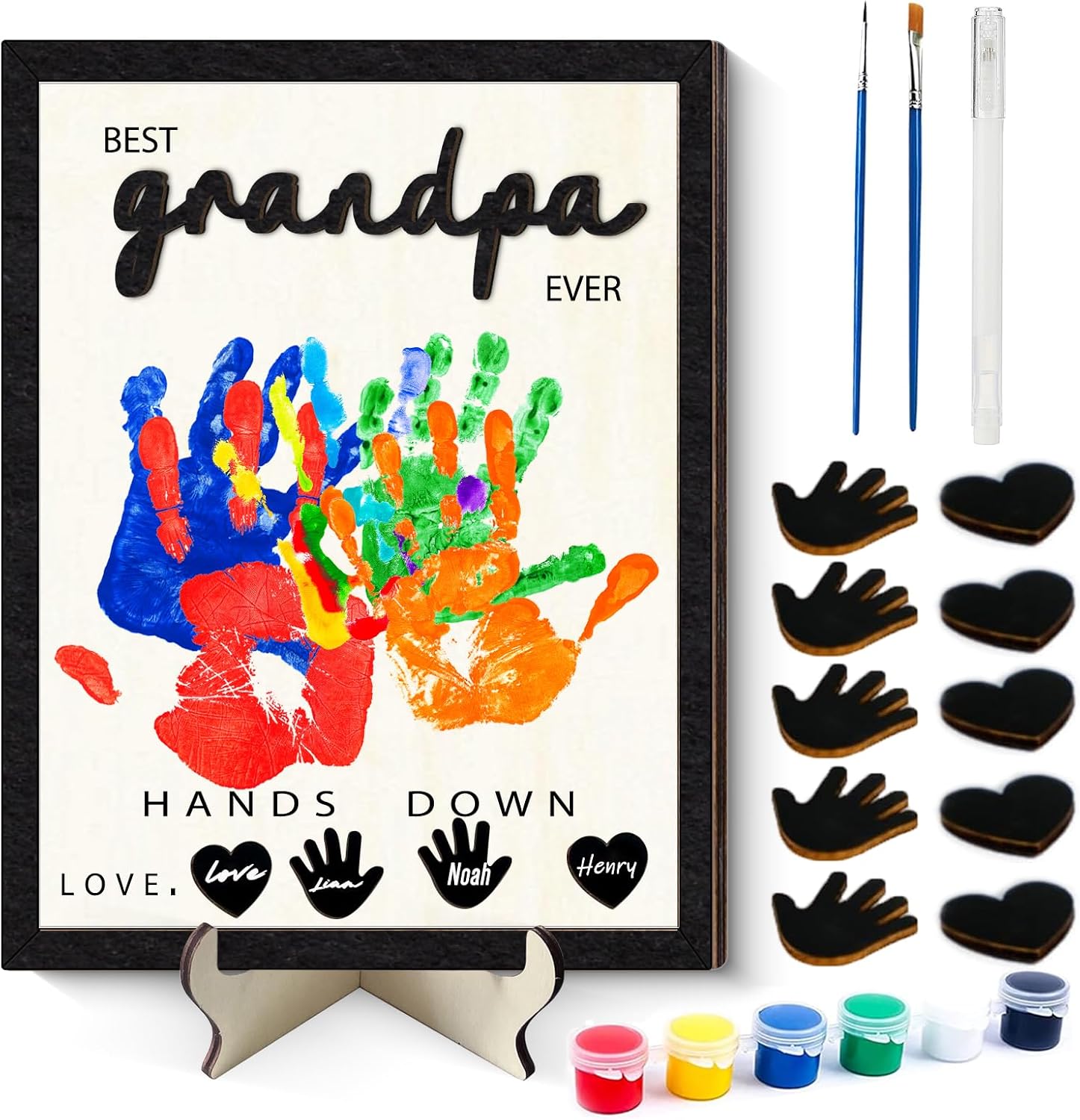 12 Inch Wooden Plaque Best Grandpa Ever Hands Down Sign, DIY Handprint Kit for Grandfather with Paints & Accessories, Toddler Crafts Fathers Day Gift for Dad from Grandkids for Papa Great Grandpa