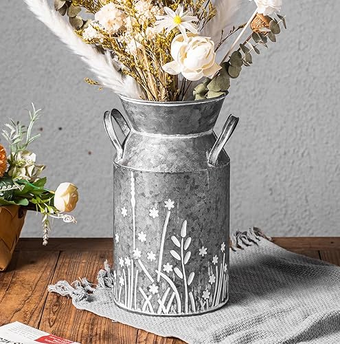 Lata de leche de metal galvanizado vintage, florero rústico de granja, florero decorativo floral para decoración del hogar, 10.8 pulgadas de alto
