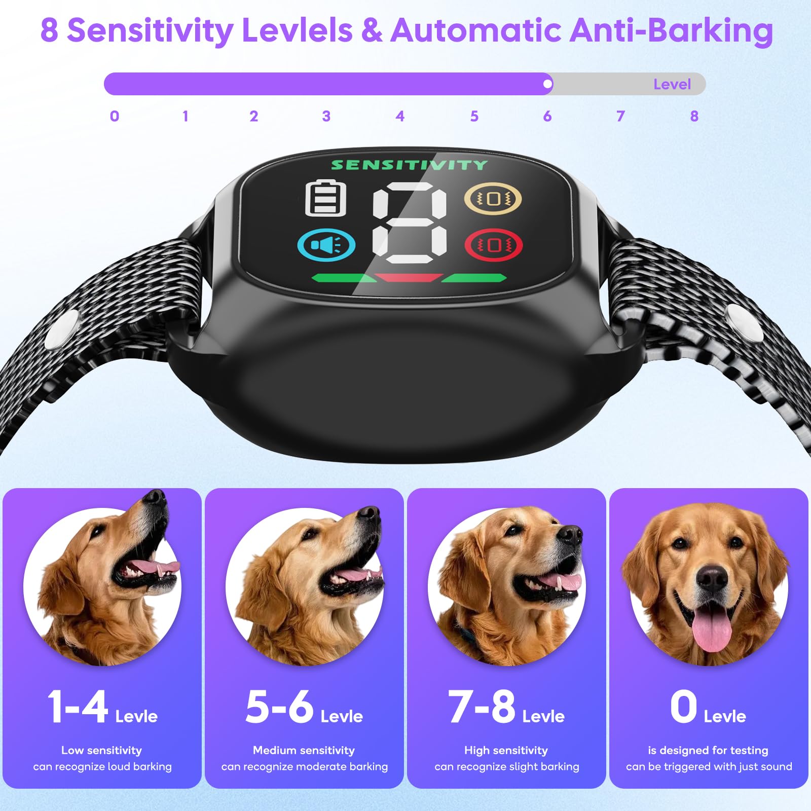 Collar Antiladridos Perros Grande Mediano Pequeño, Collar Adiestramiento para Perros 6-150lbs, 8 Niveles de Sensibilidad, 4 Modos de Sonido y Vibración, Resistente al Agua IP67 y Recargable