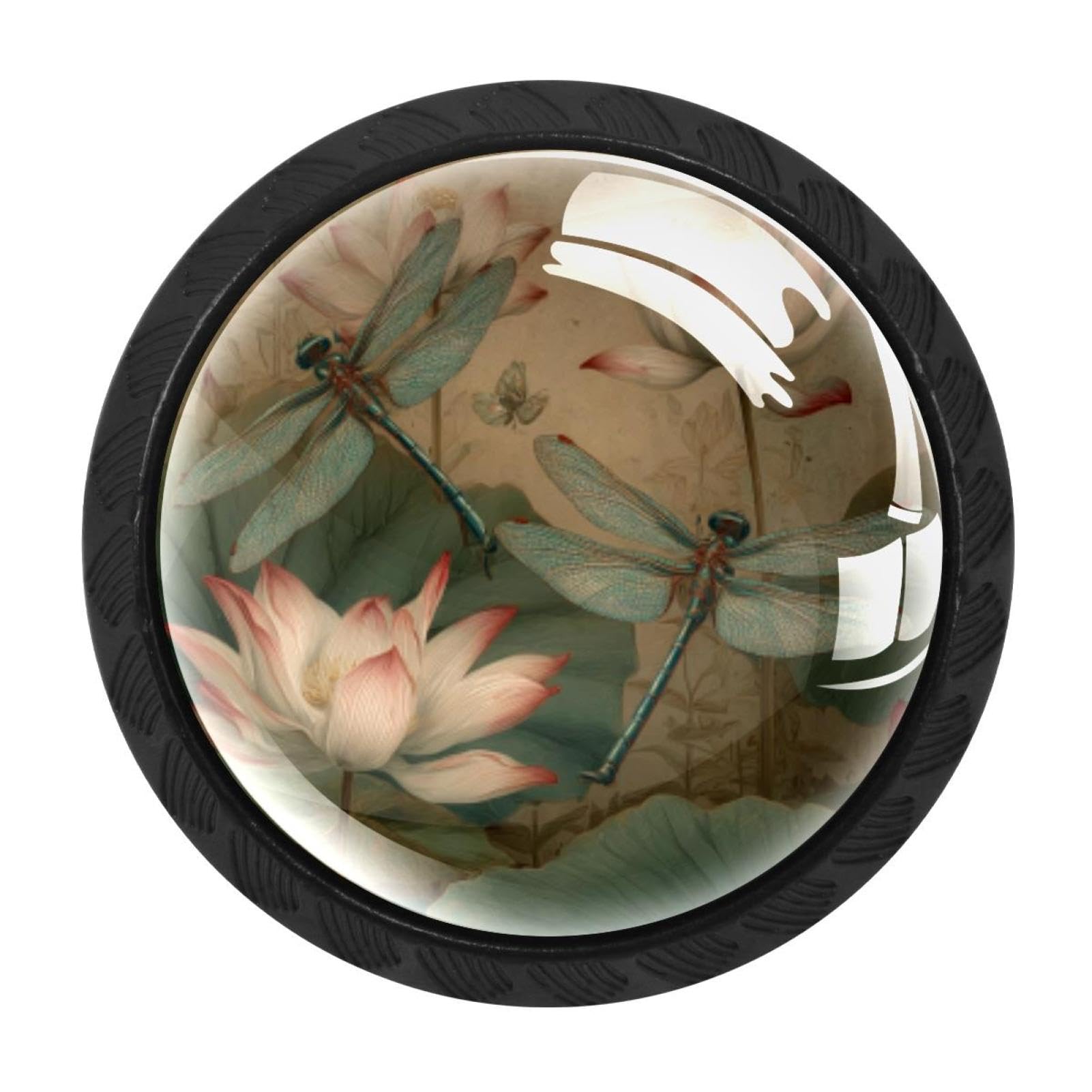 CHENZZZZ 4 Pieces Fantasy Dragonflies and Lotus Flowers (1) Cabinet Knobs Drawer Dresser Pulls Handles for Home Kitchen Office Bathroom Door Kids Room