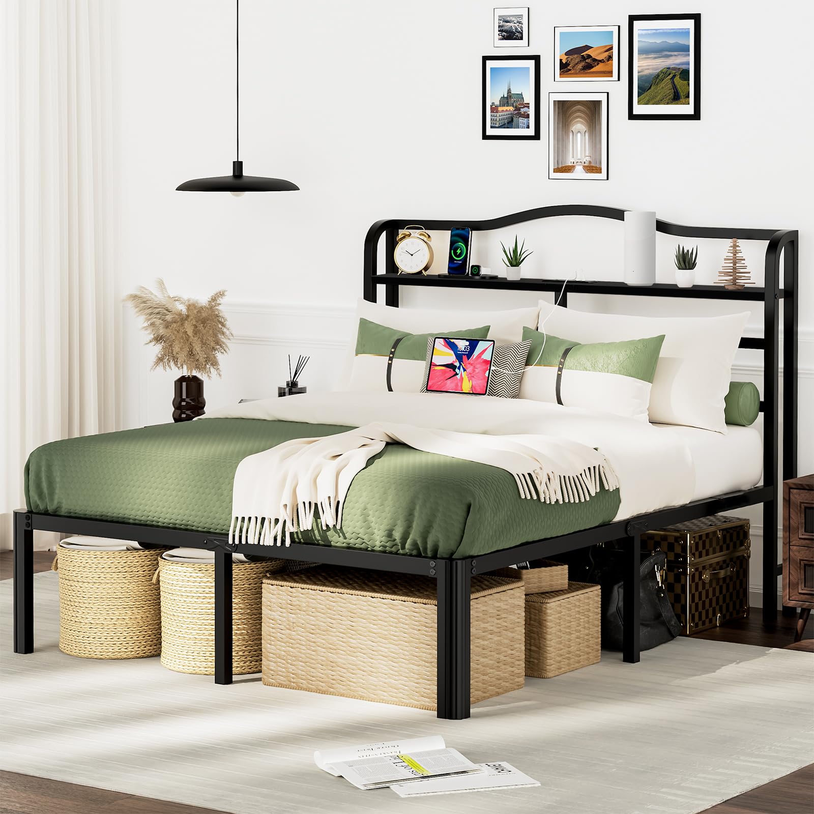 Queen Bed Frame with Headboard & Charging Station 18 Inch Tall Metal Bed Base Heavy Duty Mattress Foundation with Large Storage Space,Black Platform