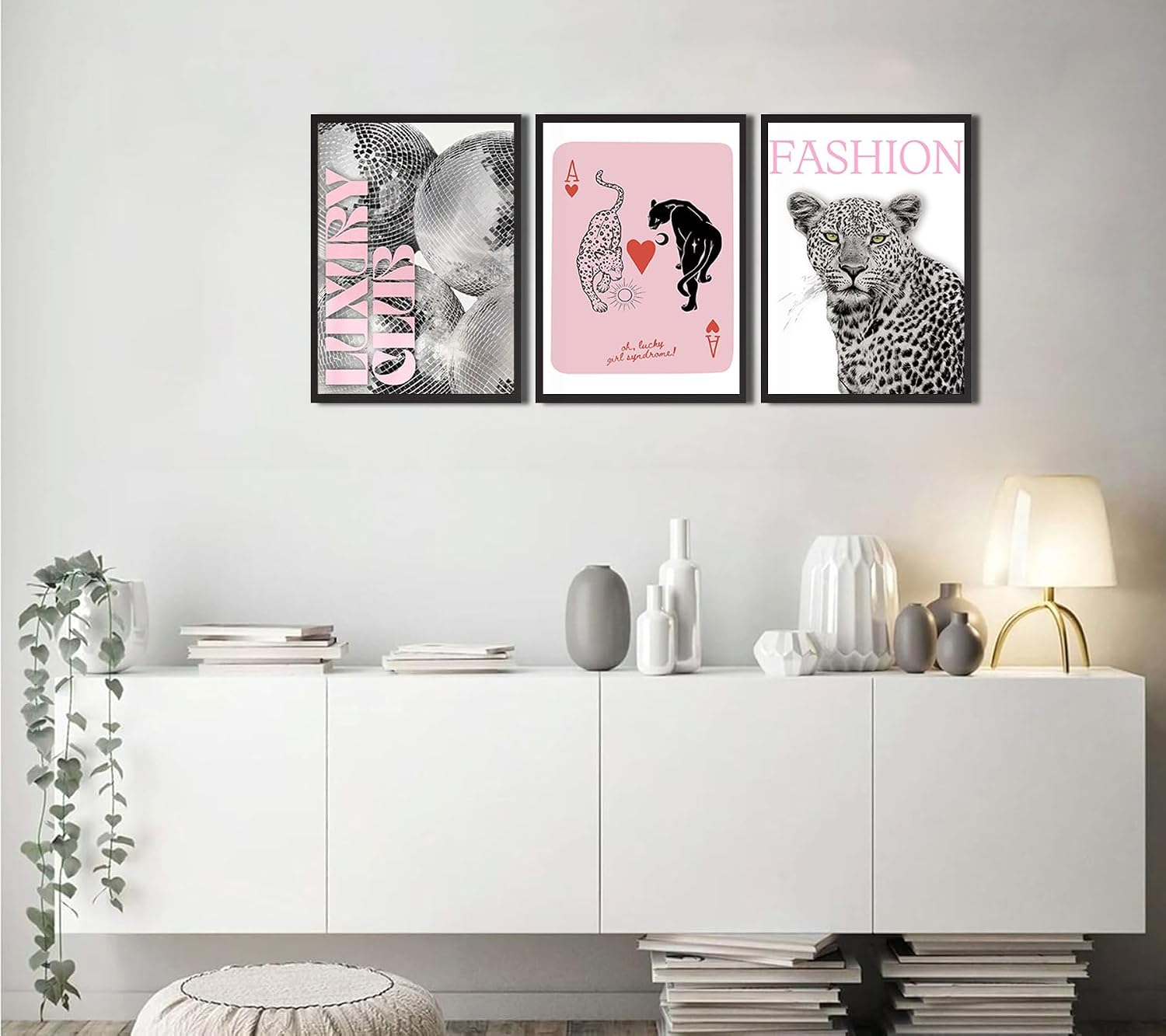 3pcs Pink Leopard Print Poster Wall Art Funky Disco Ball Poker Ace Painting Picture Wall Decor Modern Girl Preppy Poster Print Artwork for Girls Bedroom Dormitory Home Decoration 12x16in Unframed