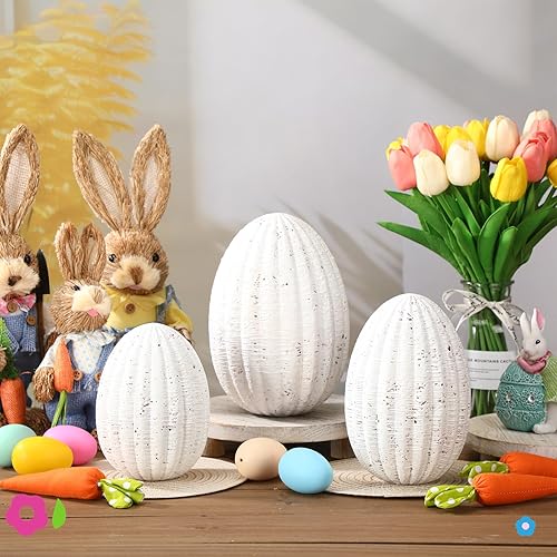 Miniatura 3 de Jenaai 3 piezas de decoración de huevo de Pascua, estatuas de resina blanca, esculturas de huevo de travertino, centro de mesa, centro de mesa
