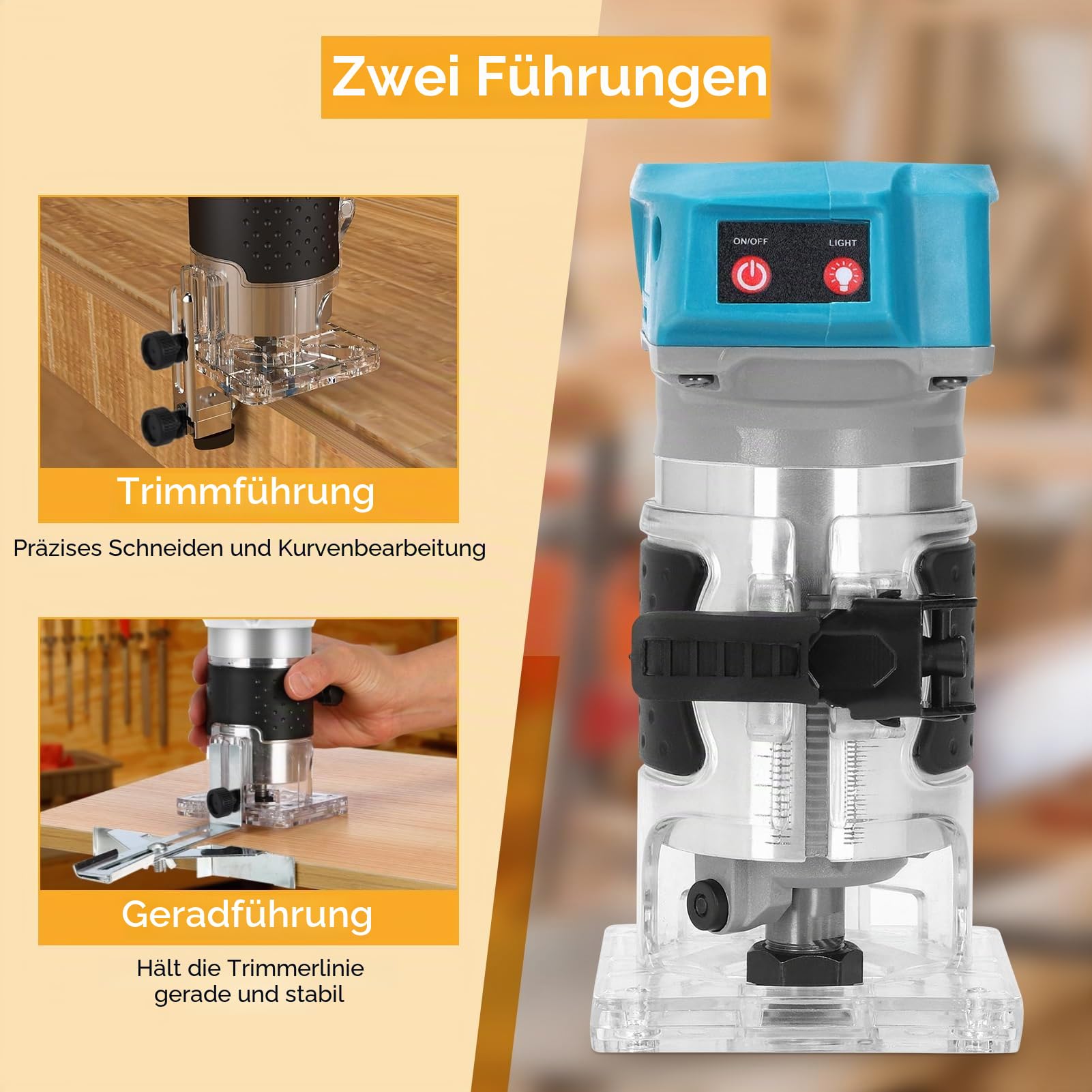 Akku Oberfräse, Einhandfräse Kantenfräse, Bürstenloser Trimmer Für Die Holzbearbeitung, mit 1/4 Zoll Bohrfutter, für Tischlerei, Besäumen, Nuten, Bohren und Möbelbau