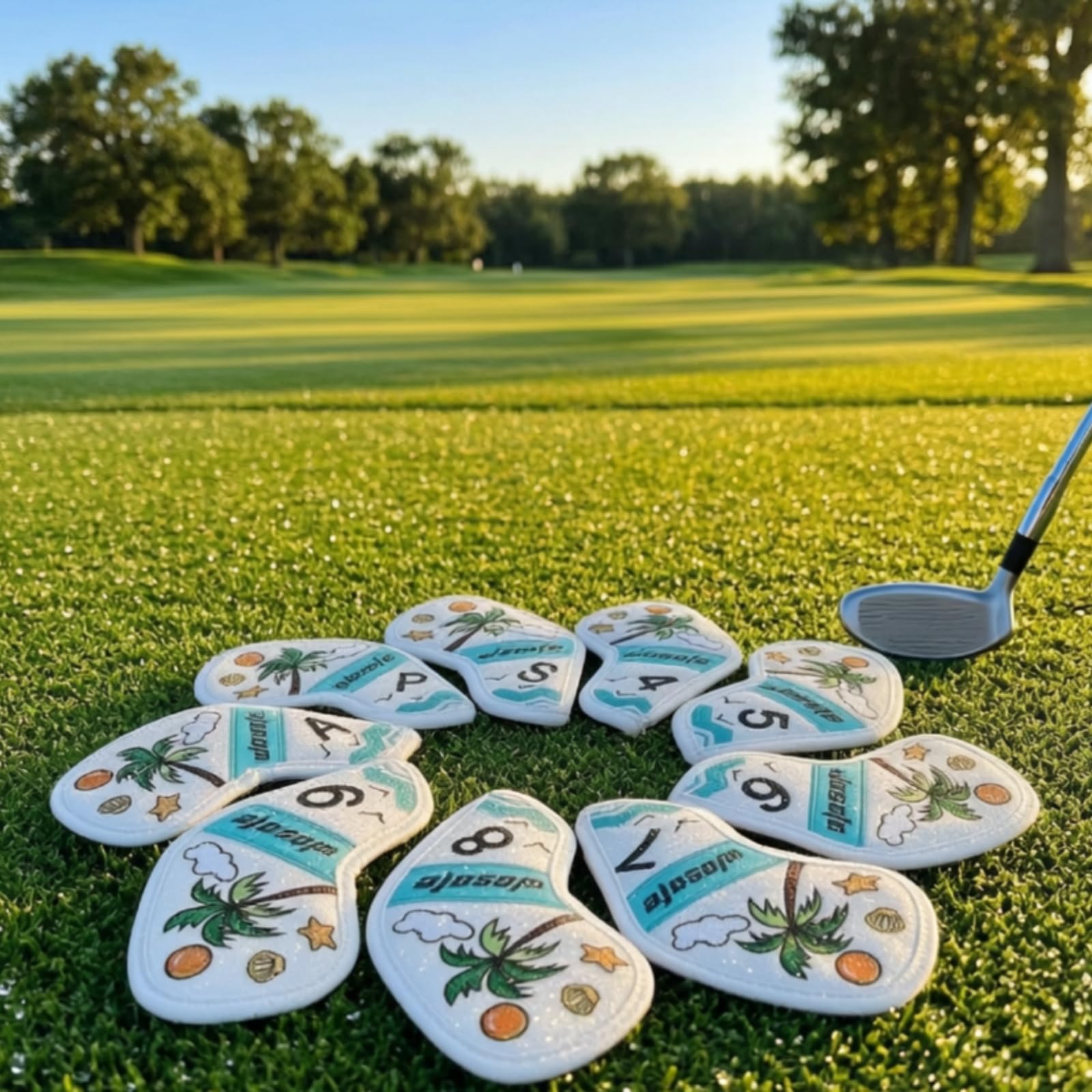 Funda para Hierro de Golf Cubierta Protector Capucha Accesorio con Material PU Resistente y Acolchado Diseño Bordado de Palmeras Marca del Palo Visible Adecuada para Transporte Juego Práctica