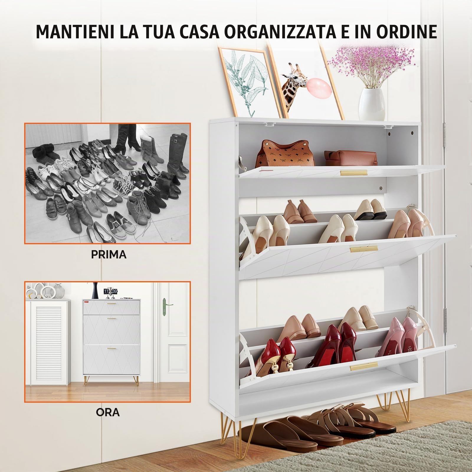 VEVOR Scarpiera a 3 Ripiani Ribaltabili per Ingresso, Corridoio, Soggiorno - Portascarpe Salvaspazio da Pavimento in Truciolare Bianco 80x24x120 cm
