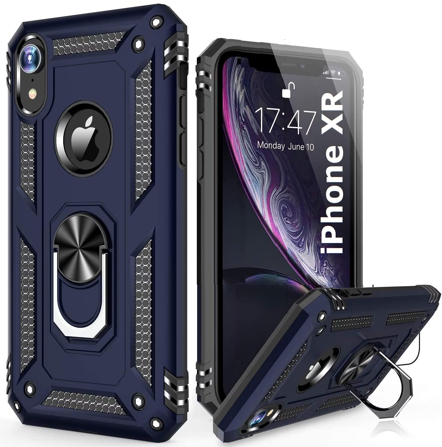 REALCASE TPU+PC iPhone Xr Back Cover Case | Heavy Duty Dual Layer Hybrid Shock Proof Armor Defender Ring Case Back Cover for iPhone Xr (Blue)