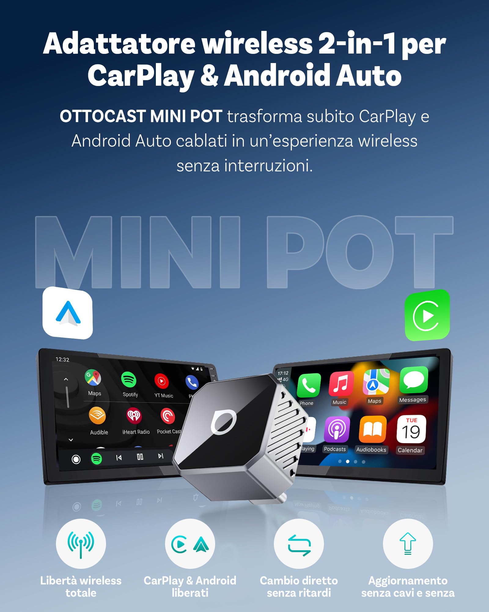 Ottocast Mini Cube 3.0 Adattatore CarPlay Wireless – Dongle USB-C Ultra Mini, Riconnessione Automatica 5–8 s, Memoria Doppio Telefono, Da CarPlay Cablato a Wireless & Android Auto, Aggiornamenti OTA