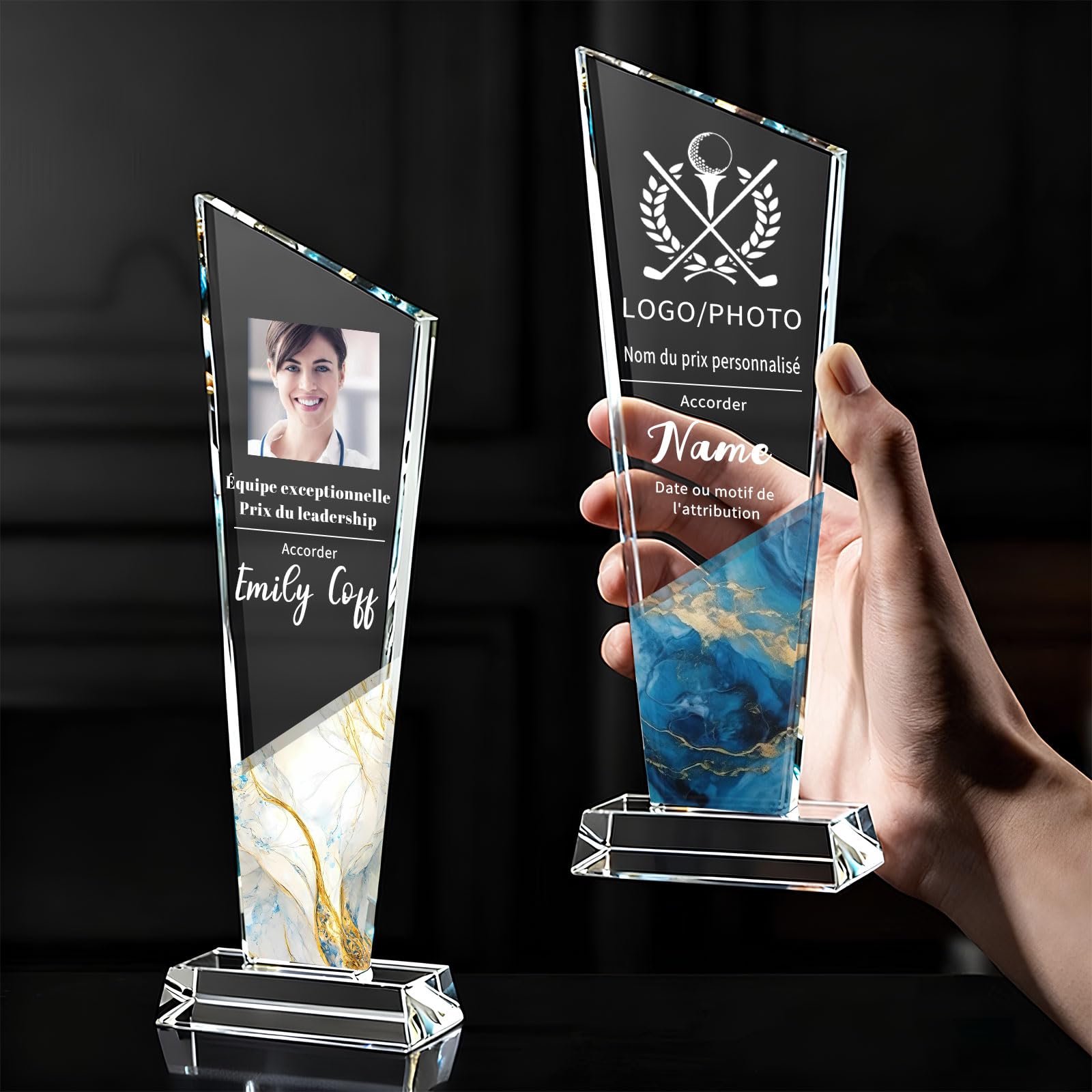 RSQGT Trophée Personnalisable en Cristal Gravé Logo et Texte Cadeau d'entreprise pour Récompense Employé, Reconnaissance, Départ à la Retraite et Cadeau pour Collègue - 1