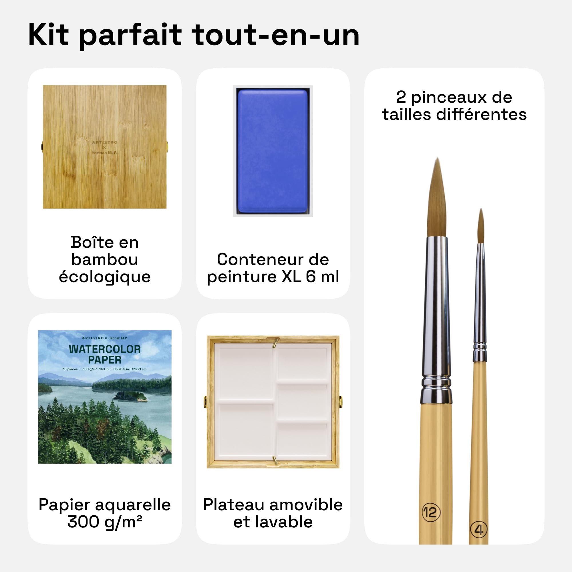 Artistro HANNAH M.P Kit de peinture aquarelle professionnelle édition limitée avec 24 couleurs dans une boîte en bois de bambou (pots XL de 6 ml) – 2 pinceaux, papier aquarelle, plateau de mélange –