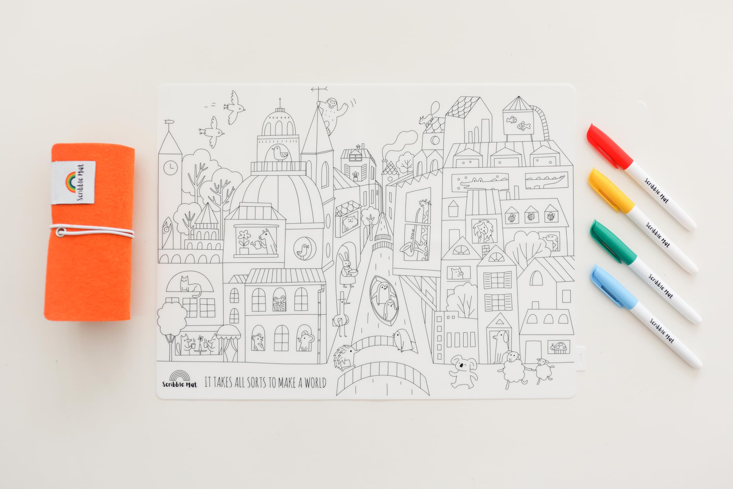 Scribble Mat Reusable Silicone Coloring Mat with 4 Dry Eraser Pens (Red, Yellow, Dark Green & Light Blue) & Orange Felt Pouch, Design: Diversity, Mat Size: 40 x 30 cm
