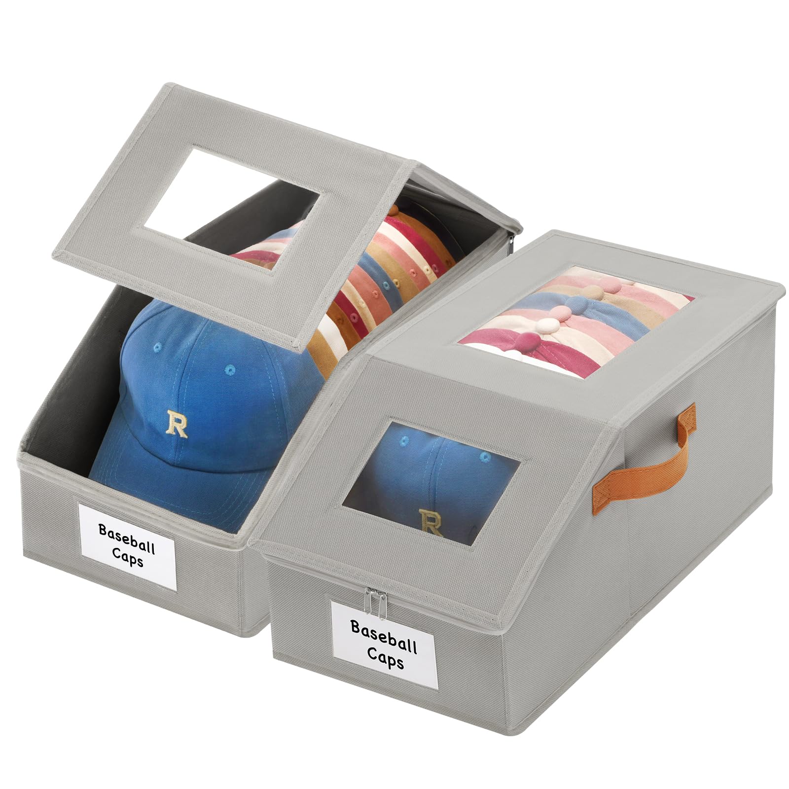 2 Pcs Extra Large Hat Organizer &amp; Storage Box for Baseball Cap with Dual Clear Windows Dust-Proof Double Zipper, Stackable Design &amp; Sturdy Handles for Closet, Grey