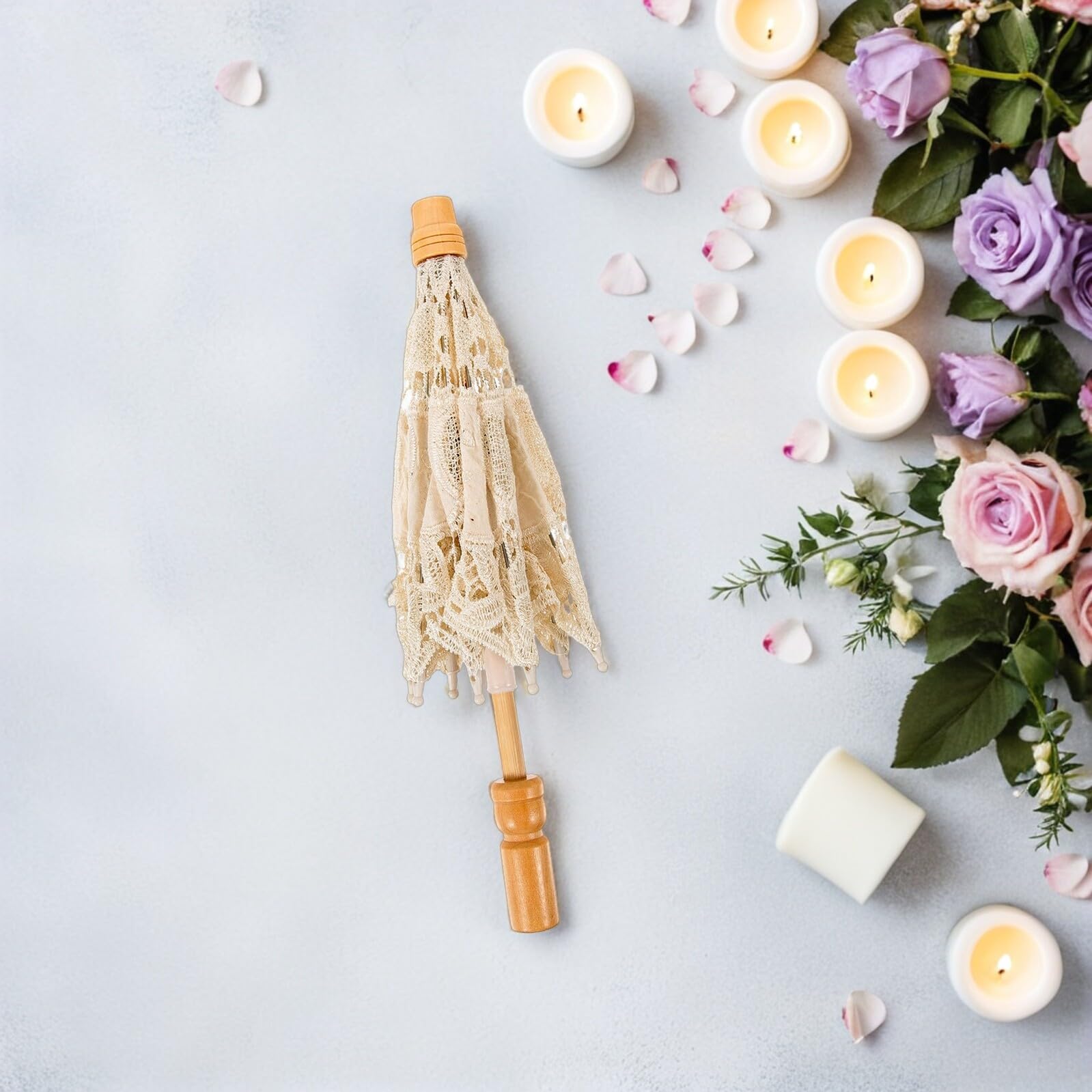 Beavorty 2 Stück Braut Sonnenschirm aus Spitze Beige mit Holzgriff Vintage Hochzeits Deko und Fotografie Requisite für Romantische Braut Fotoshootings