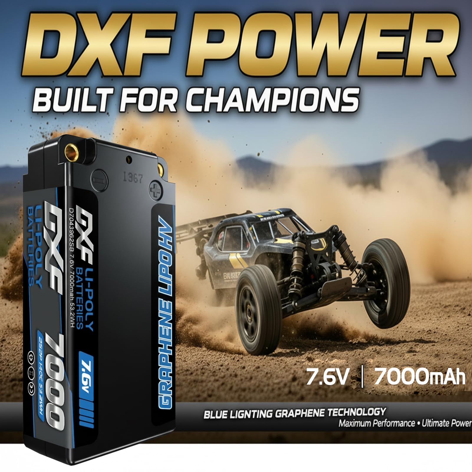 DXF Batería LiPo HV 2S 7.6V 7000mAh 140C con Conector 5mm Bullet a Deans-T para Coches RC 1/8 1/10- Potencia Sin Límites - Pack de 2 Unidades
