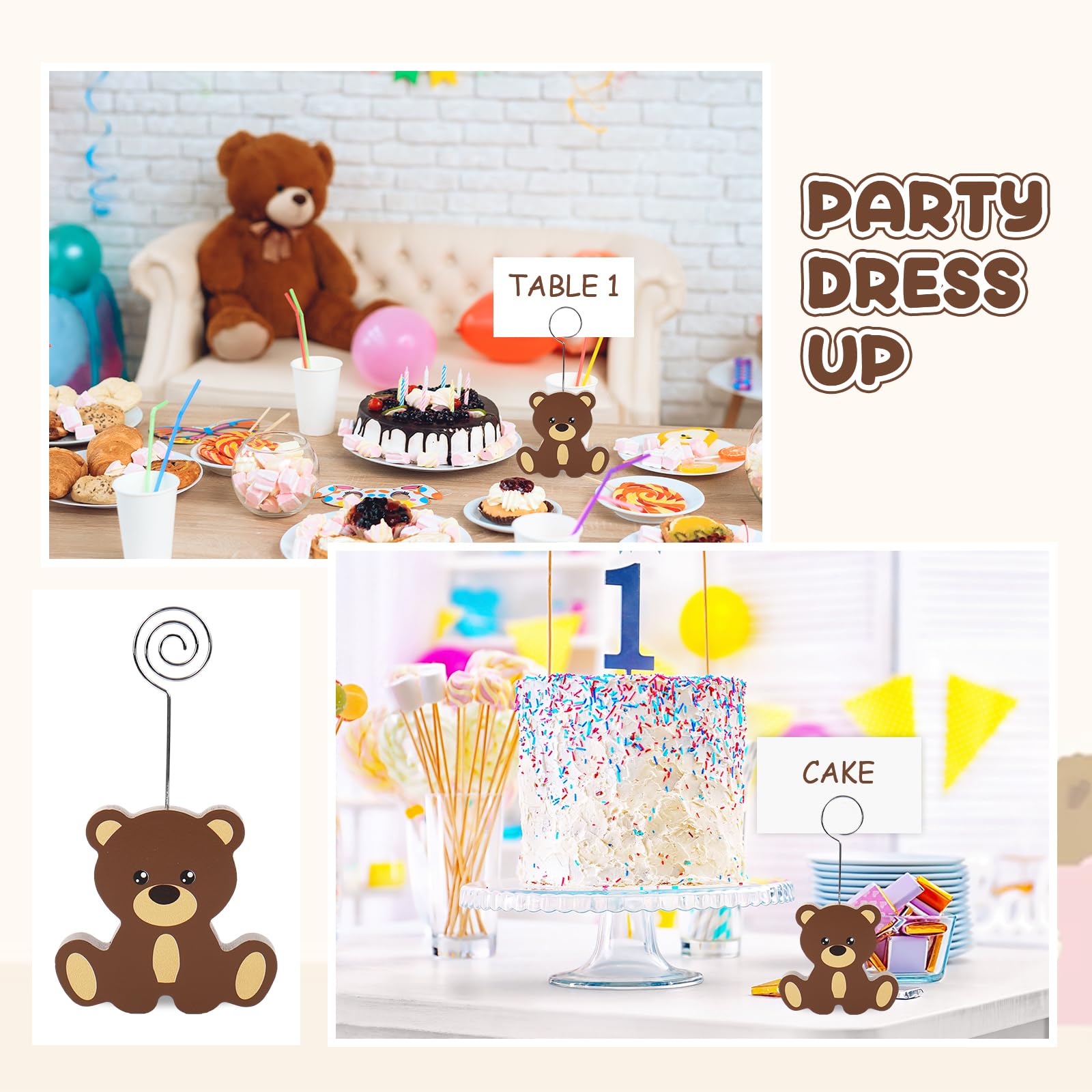 JarThenaAMCS 10 soportes de madera para tarjetas de lugar de oso, bonito soporte para números de mesa, soporte de exhibición de tarjetas de nombre para cumpleaños, baby shower, fiesta, suministros de