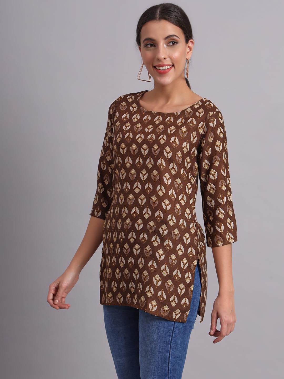 Patlani Women's Cotton Printed Short Fullstitched Kurti/Kurtas. Coffee