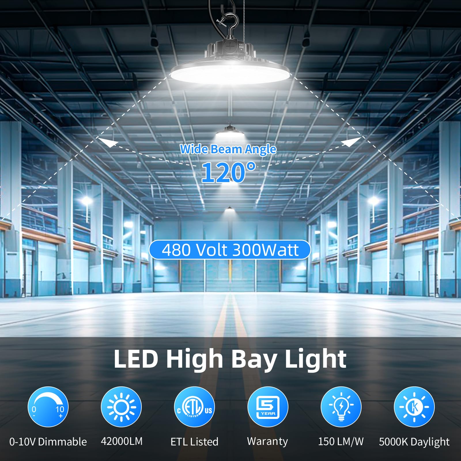 9 Pack 480V LED High Bay Light 300W 240W 200W Adjustable UFO Light 42000LM ETL Listed Dimmable High — view 2