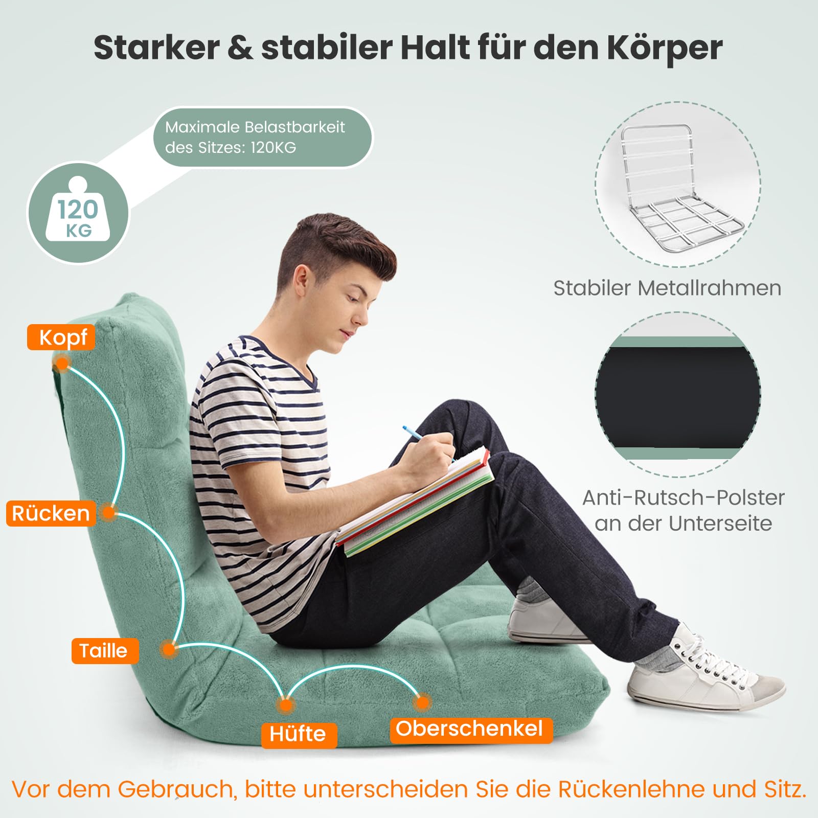 COSTWAY Bodenstuhl mit Verstellbarer Rückenlehne, Bodensessel gepolstert, Bodenkissen faltbar, Meditationsstuhl, Relaxsessel, Thaikissen für Freizeit, Meditation, Yoga (Grün)