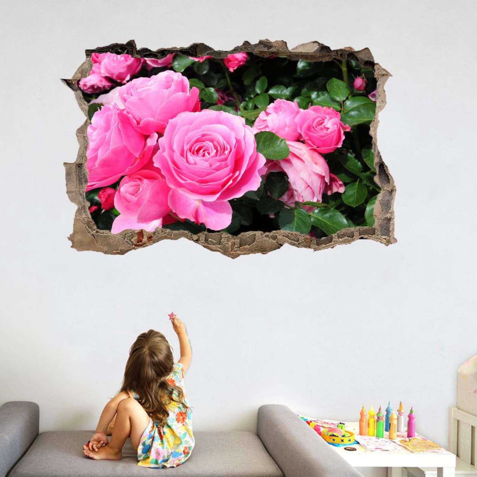 Autocollants Muraux 3D Écrasés Fleurs Affiche Amovible D'Art De Tatouage Mural Plantes Roses Décorations Murales Pour La Maison, La Chambre De Bébé, La Vitrine De La Pépinière 80x120cm