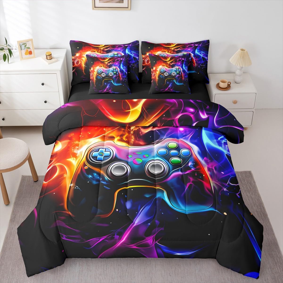 Erosebridal Game Console Comforter Sets with Sheet 7 Piece for Boys Girls Kids Full Gaming Bedding Set Gamer Gamepad Bed in A Bag Abstract Lightweight Microfiber Sheet Set Gaming Room Decor