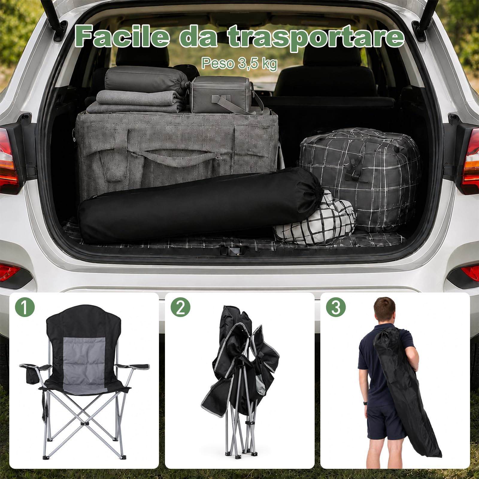 Sedia da Campeggio Pieghevole, Portata 160kg, Schienale Alto, Seduta Ampia, Imbottita in Cotone, Sedia da Campeggio XXL per Campeggio, Festival, Spiaggia, Giardino e Balcone