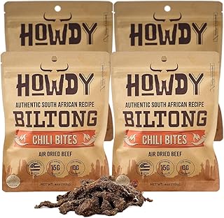 HowdySnax Biltong Chili Bites – 4 Pack (16 oz Total) – Bulk Spicy Beef Snack • High‑Protein • Keto & Paleo • No Preservatives • Made in USA