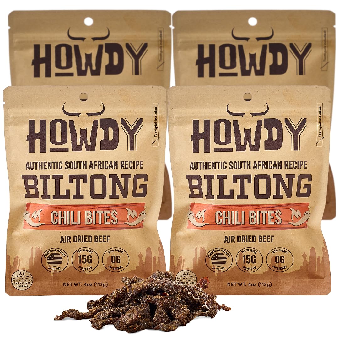 HowdySnax Biltong Chili Bites – 4 Pack (16 oz Total) – Bulk Spicy Beef Snack • High‑Protein • Keto & Paleo • No Preservatives • Made in USA