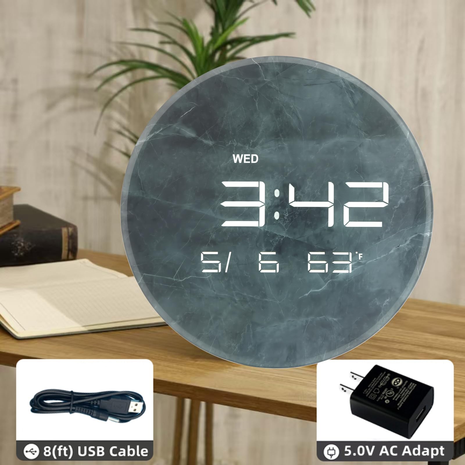 Nbdeal HUI-7855 Horloge murale numérique avec écran LED, calendrier et température de 13", gradation automatique, format 12/24 heures, utilisation murale et de bureau