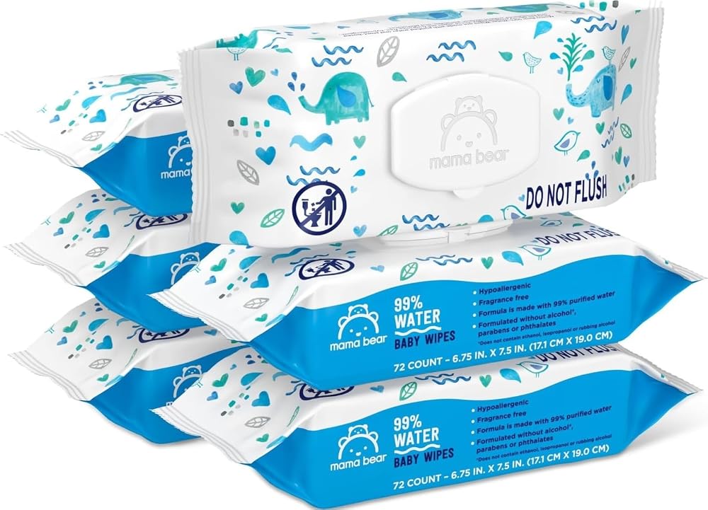 Amazon Brand - Mama Bear 99% Water Baby Wipes, Hypoallergenic, Fragrance Free,72 Count (Pack of 6)