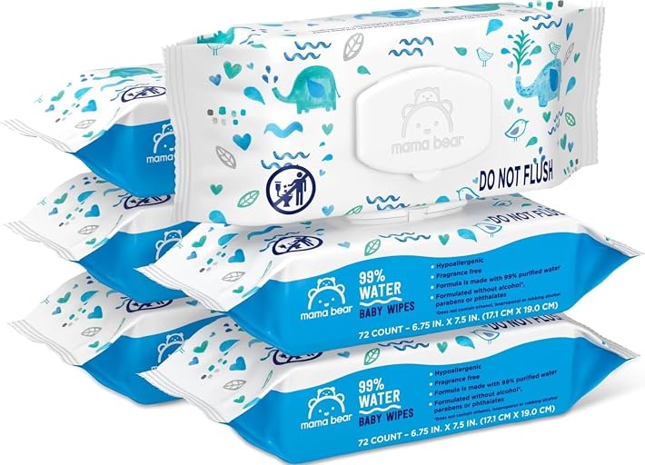 Amazon Brand - Mama Bear 99% Water Baby Wipes, Hypoallergenic, Fragrance Free,72 Count (Pack of 6)