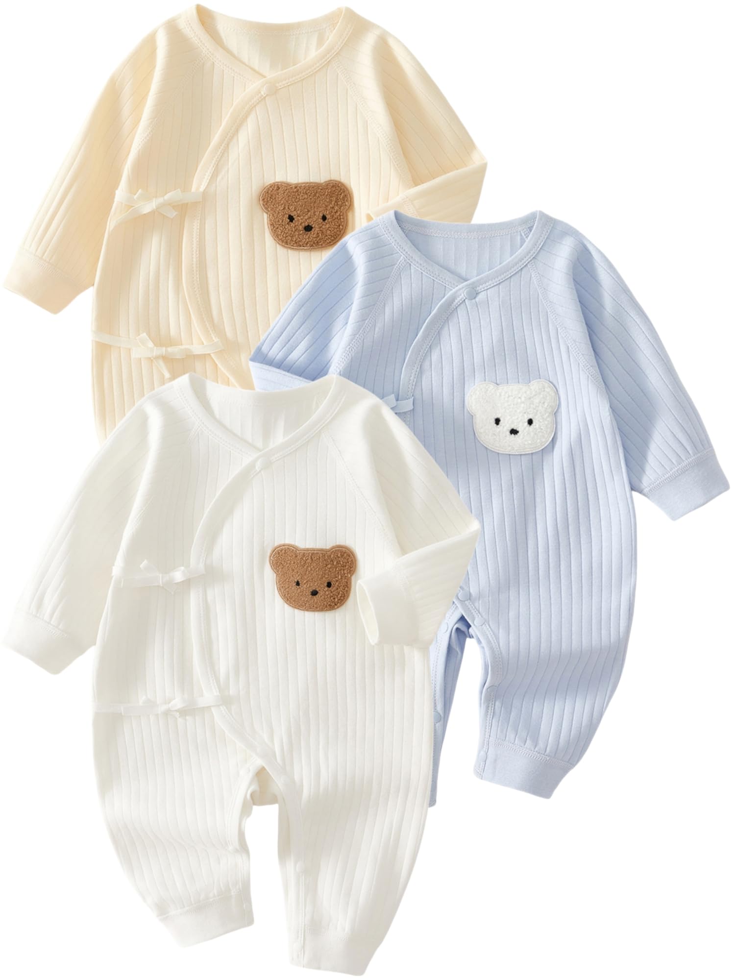 3-Pack Baby Boys Girls Clothes 100 Cotton Infant Newborn Outfit Cute Bear Ribbed Knit Long Sleeve Button Romper